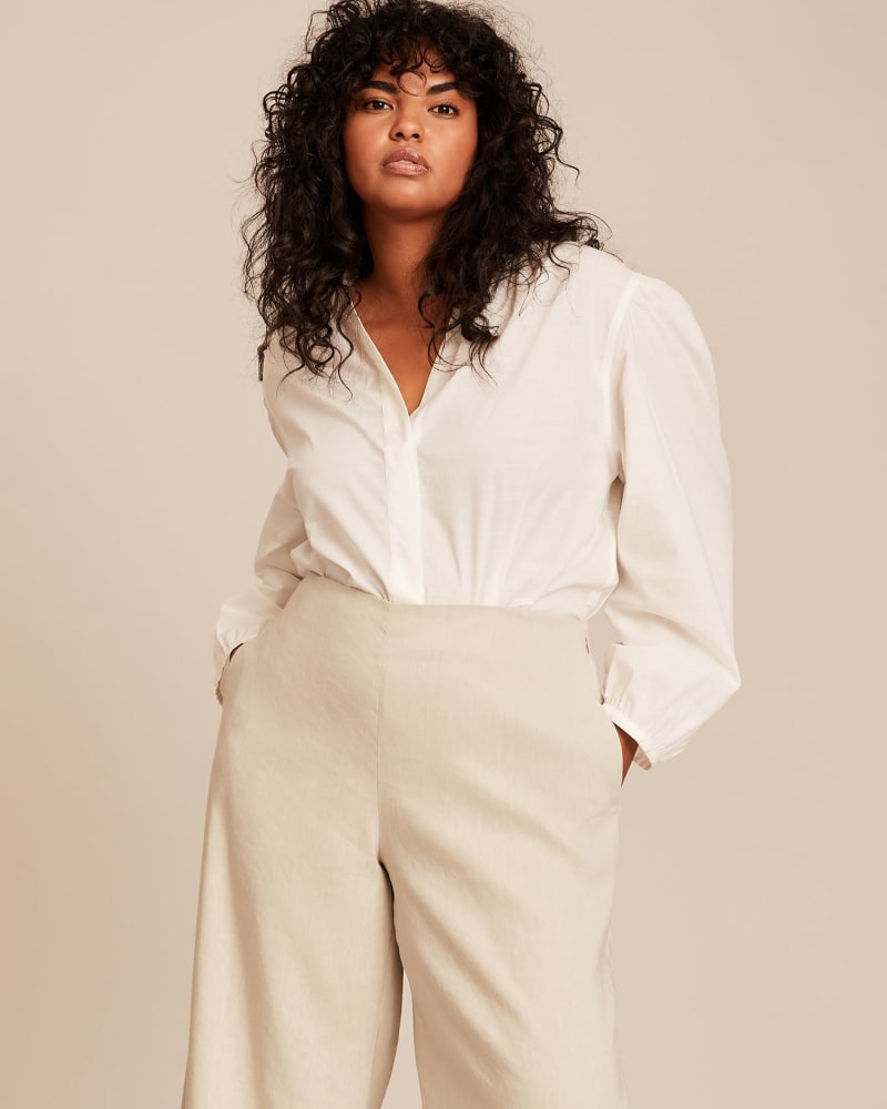 Front of a model wearing a size 1X Braid Trim Band Collar Blouse in WHITE by Vince. | dia_product_style_image_id:230994